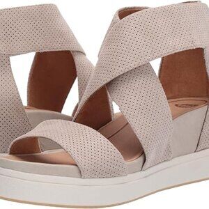 NEW Dr. Scholl's Shoes Women's Sheena Wedge Sandal, Oyster Microfiber Perforated